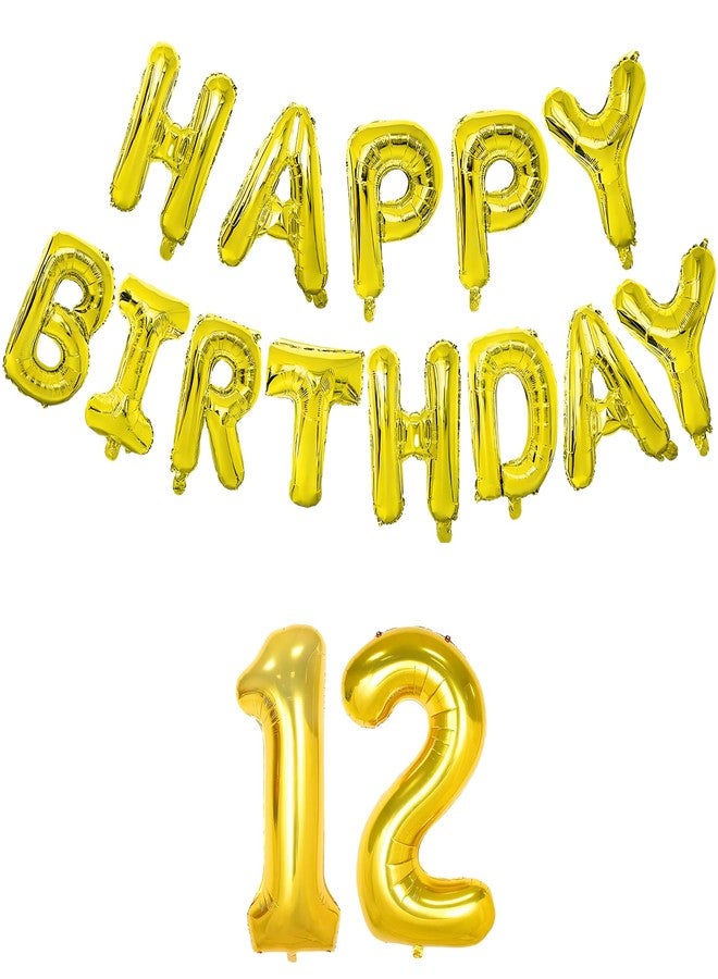 Flyloons 12th Golden Happy Birthday Foil Balloon Banner Set for 12 Year Old Boys Girls Teenage | with Number Twelve | 13 Letters Reusable Happy Birthday Metallic Foil Balloons Decoration Kit,15 piece - Image 1